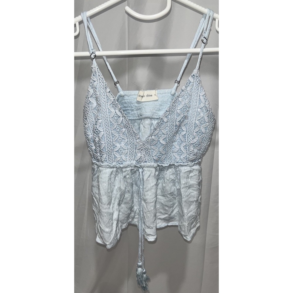Ocean Drive Y2K Lace Baby Blue Tank Top Womens Size S Boho Festival W Tassel